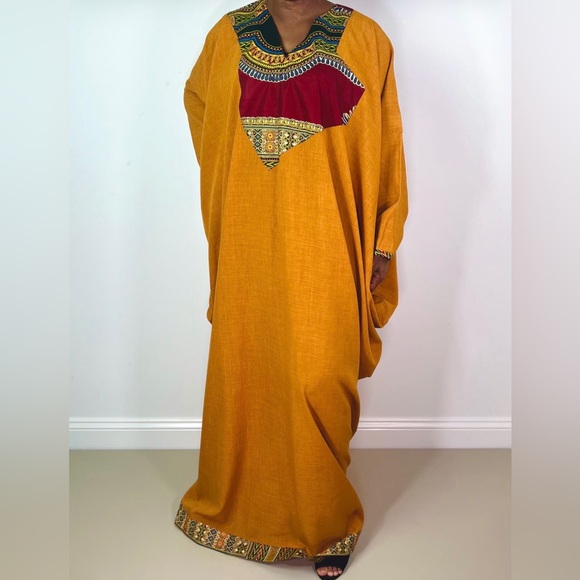 Handmade Burnt Yellow Dashiki Detail Maxi Kaftan Oversized Dress - Picture 7 of 12